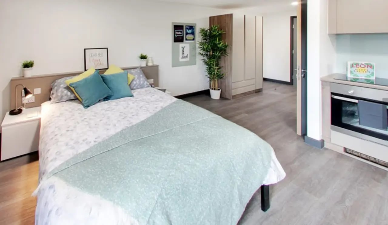 Bed with pillows bedside lamp plant and kitchen area studio at Sycamore House in Leeds Student Accommodation